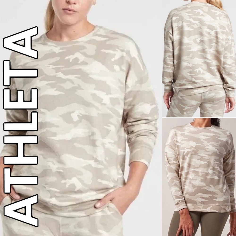 Athleta XS Camo Sweater Pullover Cream / Tan Crew Neck Soft